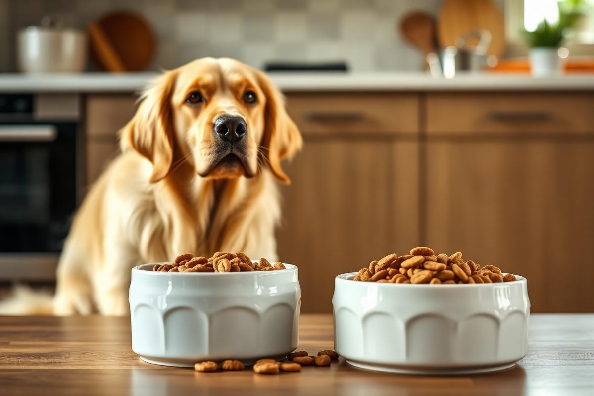 Golden retriever con ciotole di cibo premium