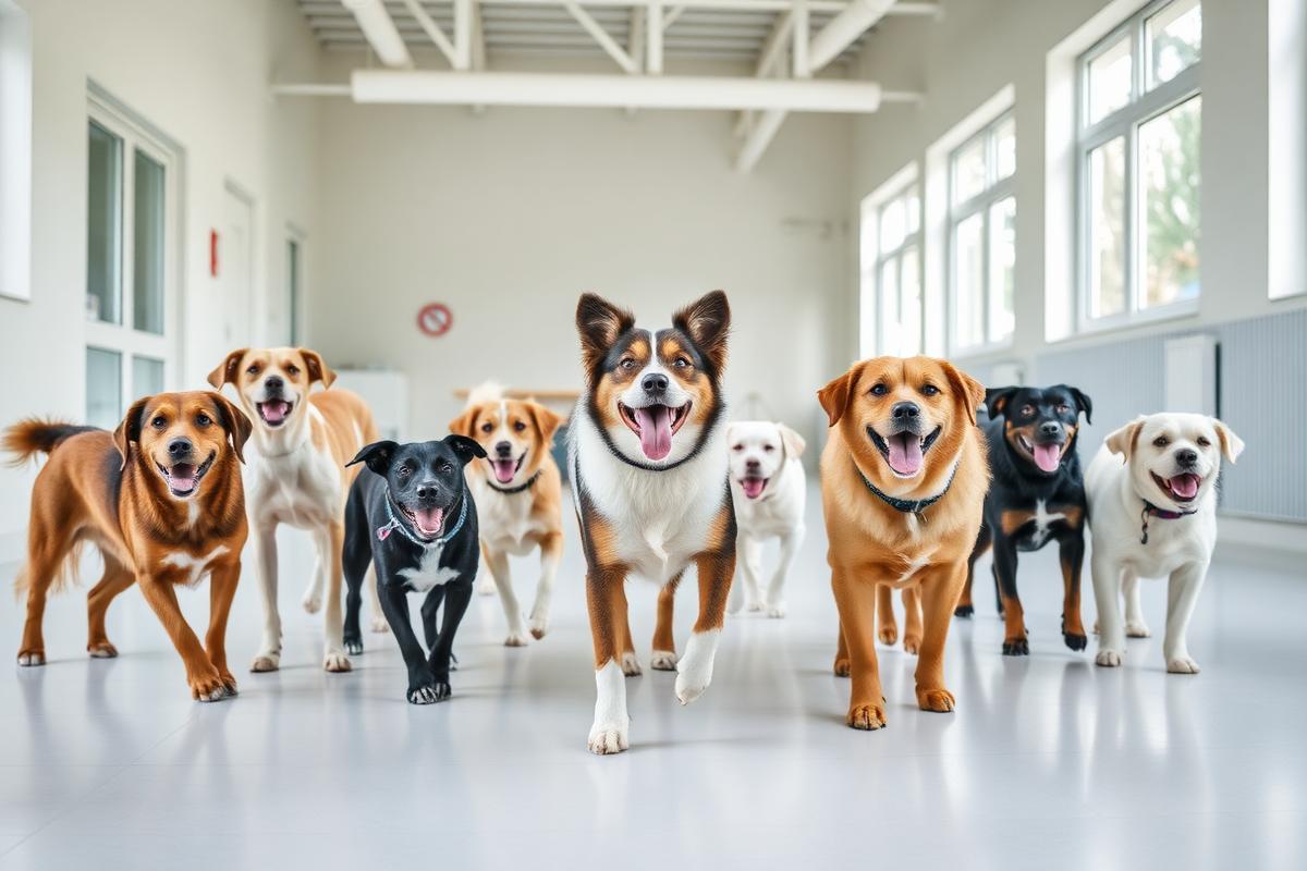 Cani felici in una struttura daycare luminosa