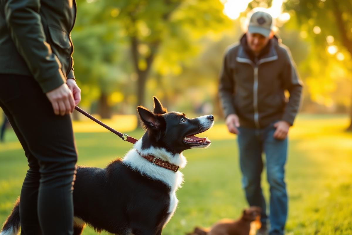 Border collie con educatore cinofilo al parco