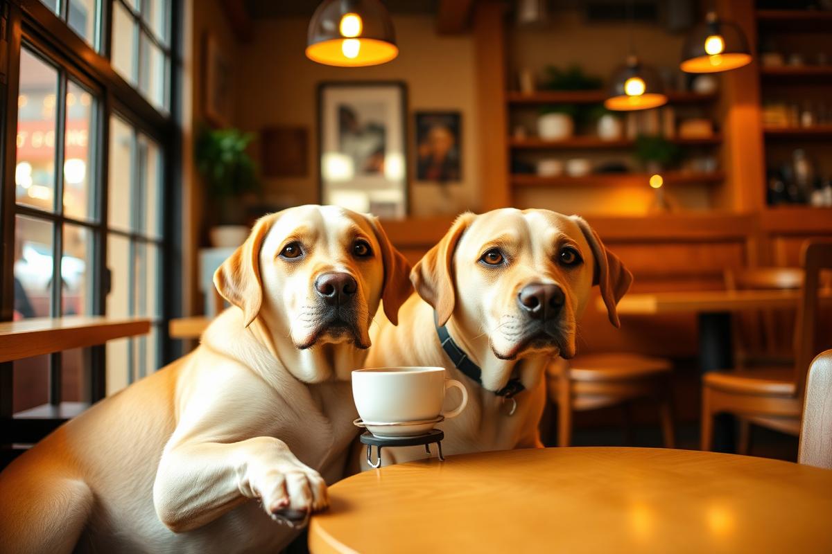 Labrador in un locale dog friendly con cappuccino